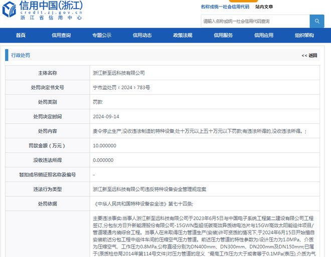 浙江新至远科技有限公司被罚款10万元(图1)