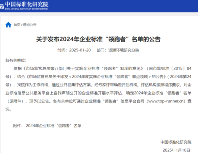 中辰轻机《码垛机》标准入选2024年企业标准“领跑者”名单(图1)